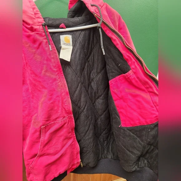 VTG Carhartt Red Mens J140 Canvas Hooded Zip Up Workwear Jacket 2XL Quilted